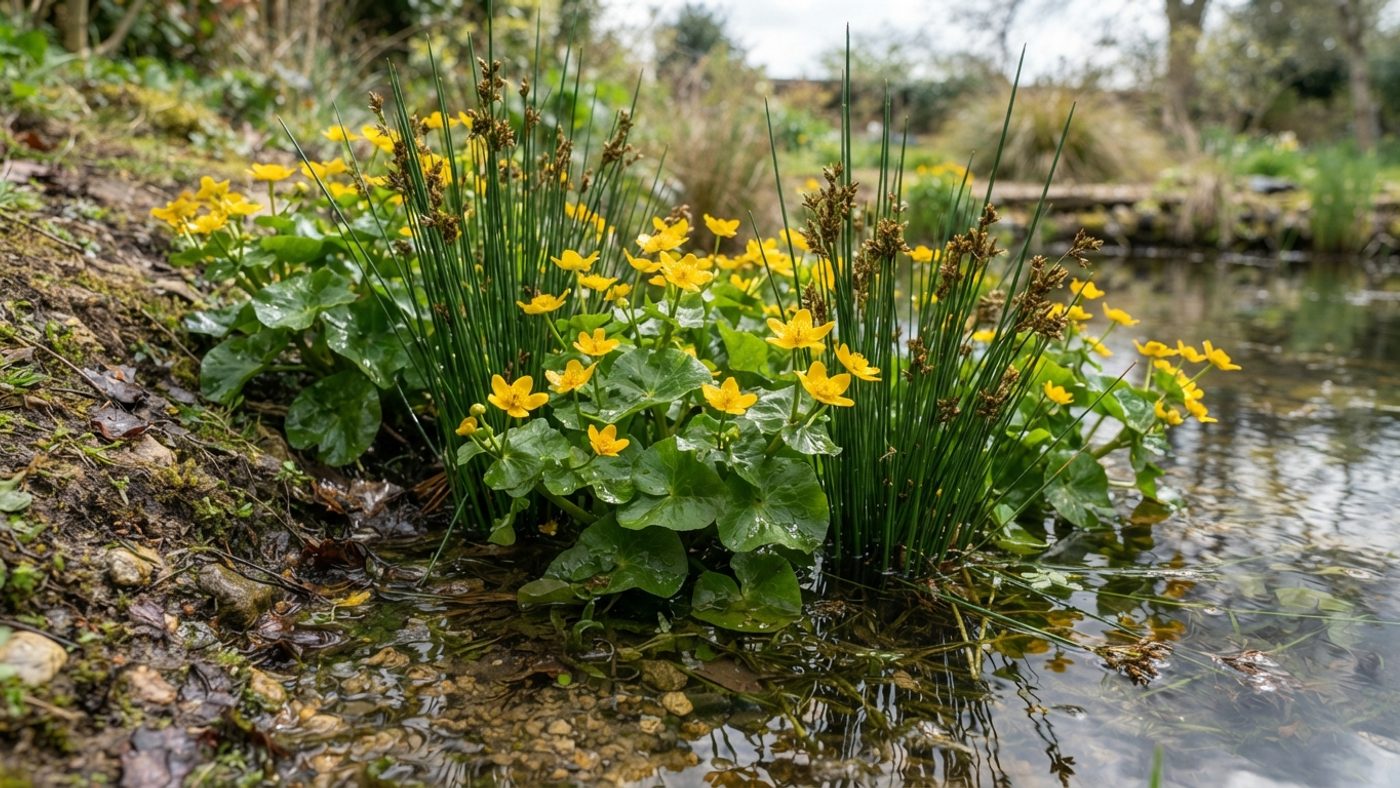 Close-up of native marginal pond plants growing at the sloping edge of a wildlife pond