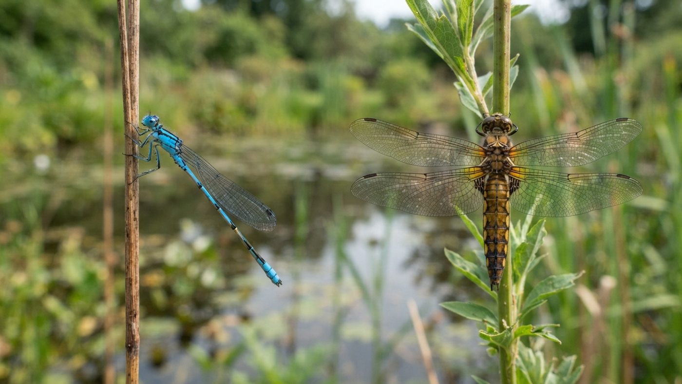 A side-by-side comparison of a damselfly resting with wings folded along its body and a dragonfly resting with wings held open