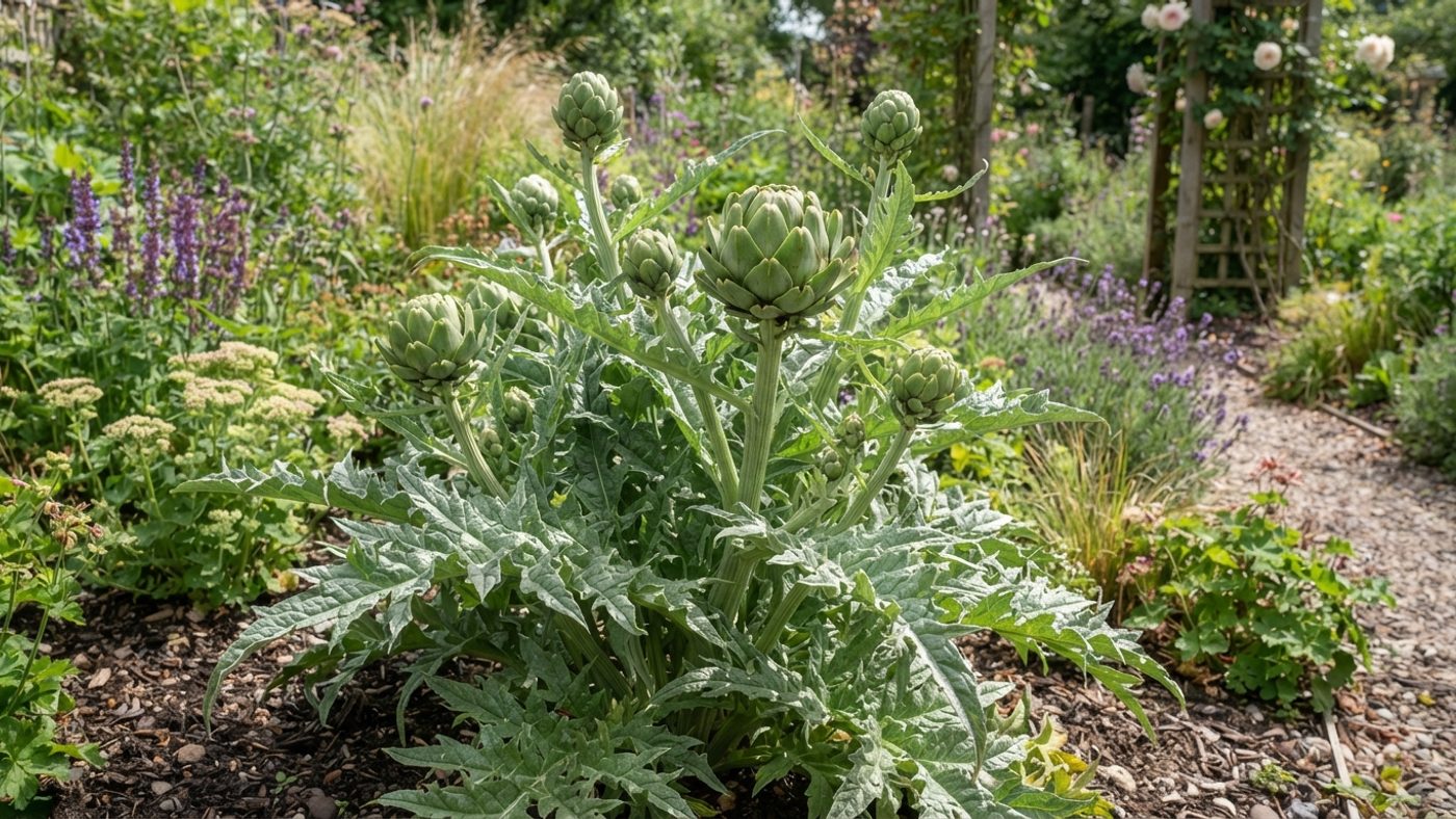 A globe artichoke plant with large silvery leaves growing in a sunny border