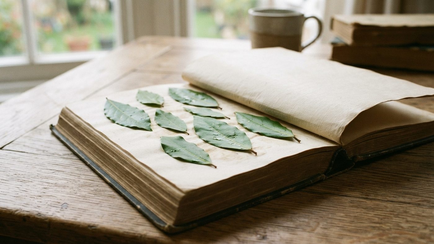 Flat bay leaves being pressed between the pages of an open book