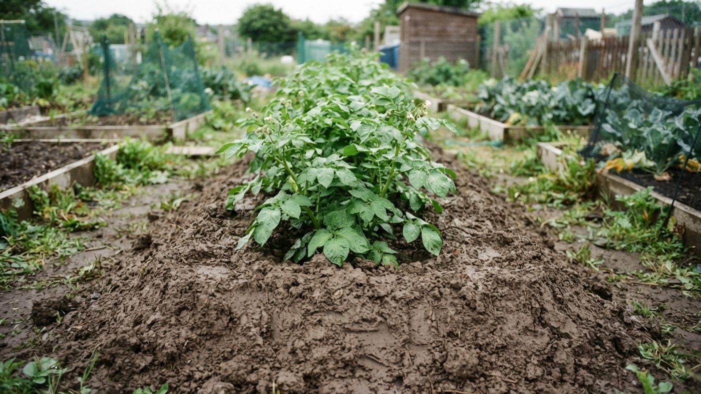 A close-up of a flat-topped potato ridge rather than a sharply peaked one