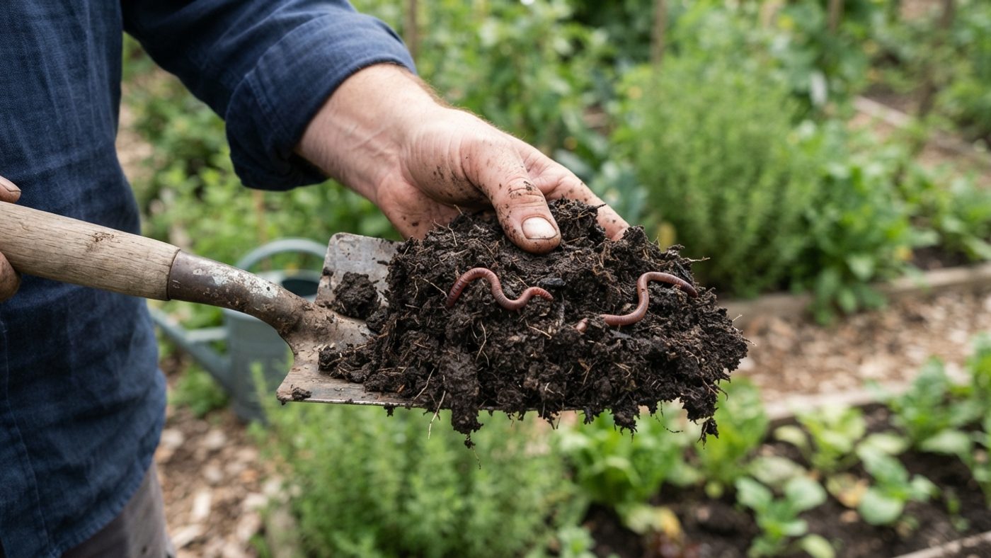 A hand holding a spadeful of soil to check for earthworms as part of a simple soil health test
