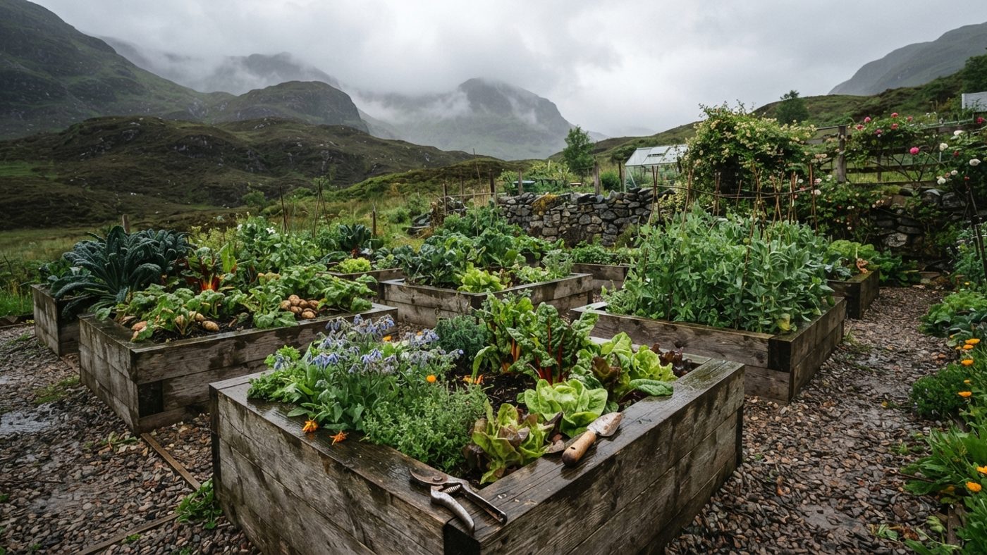 A lush, damp west coast Scottish garden with raised beds for drainage