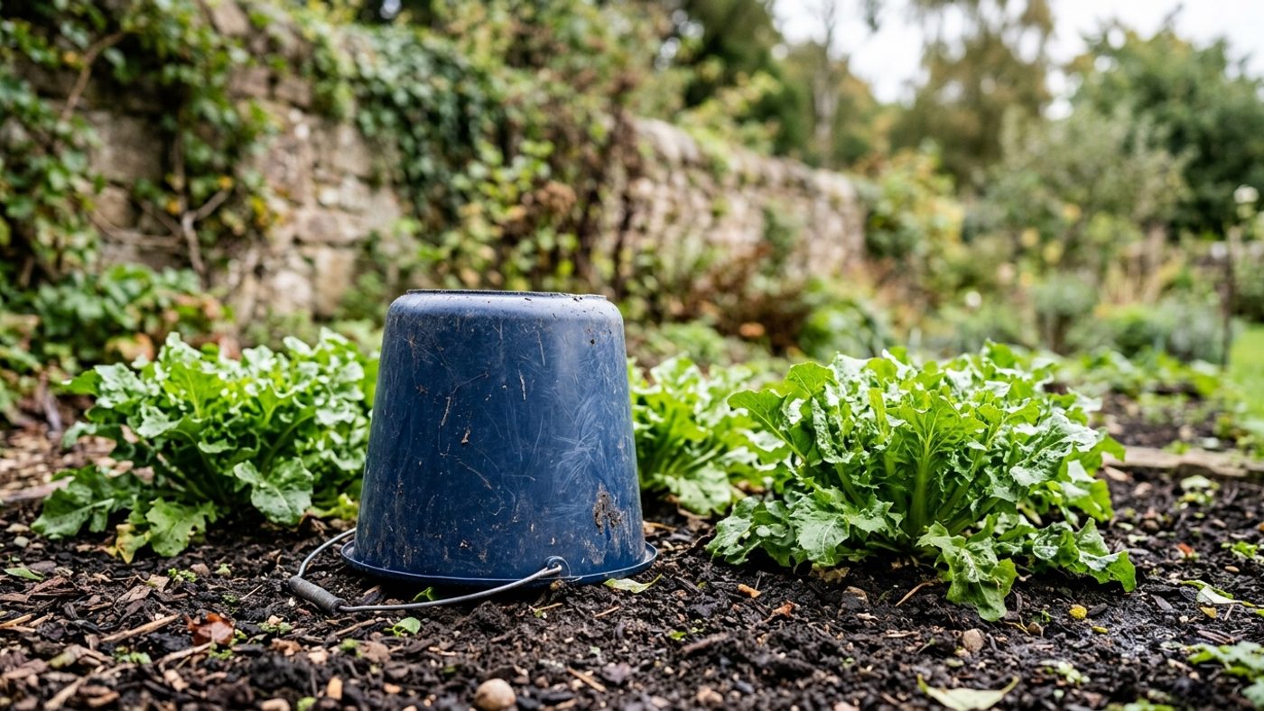 An upturned bucket placed over a mature endive plant to exclude light and blanch the leaves