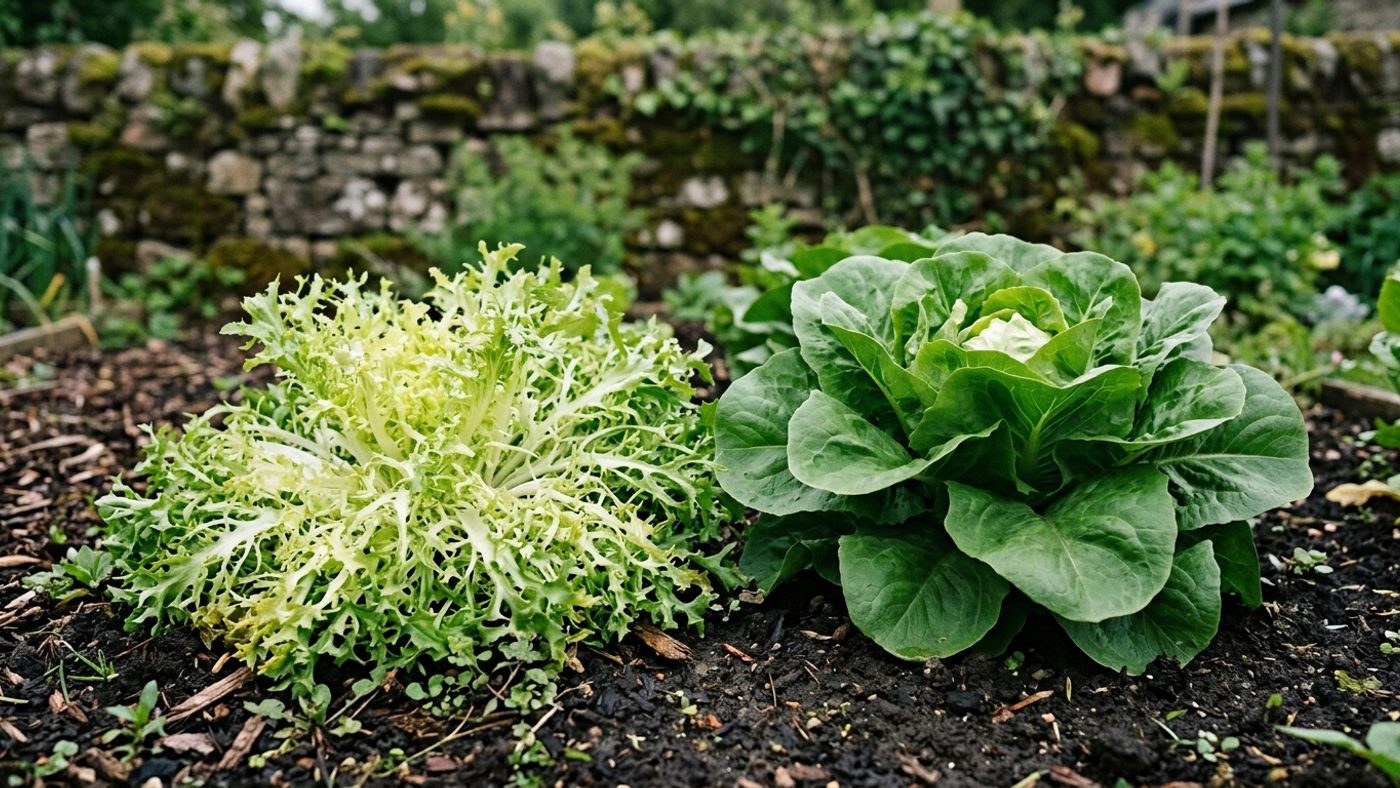 Frisée endive with frilly thin leaves next to Batavian endive with large flat broad leaves