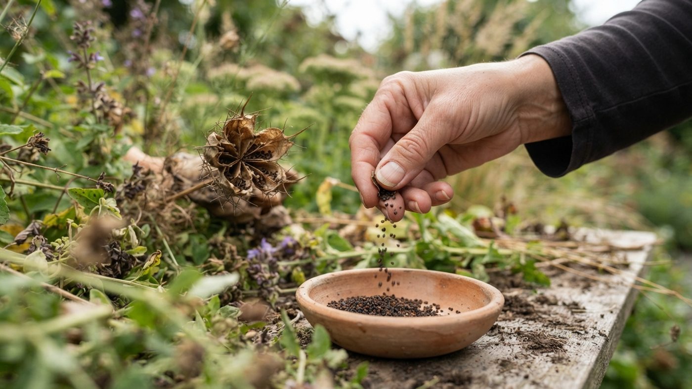 A hand collecting dried seeds from an open seed pod into a small dish