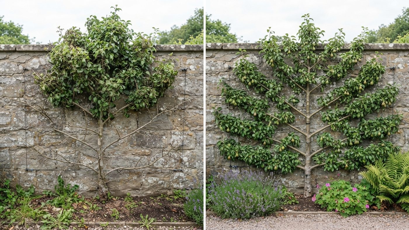 A neglected, lopsided fan-trained tree bare on one side next to a well-balanced fan evenly filled from base to top