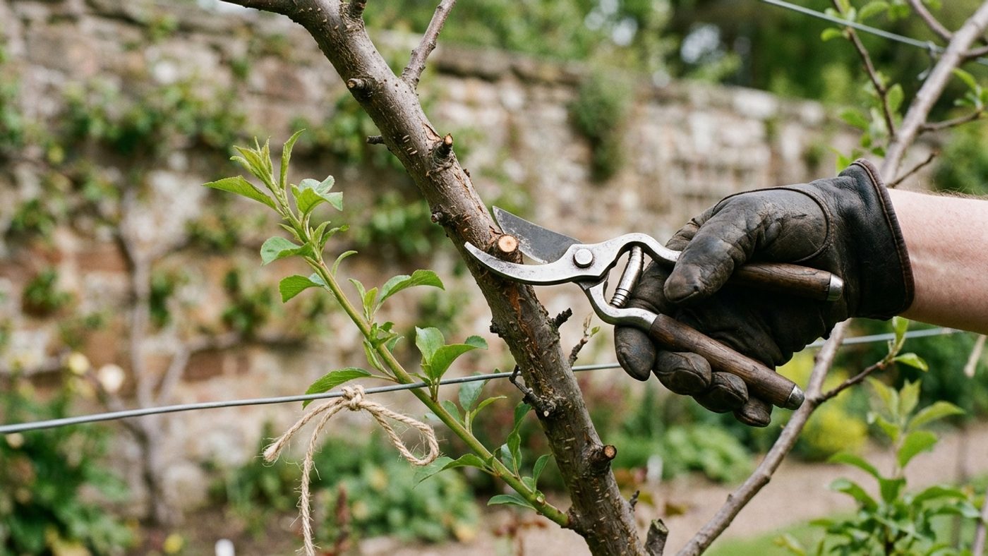 Secateurs cutting an older, already-fruited branch back to a strong young replacement shoot on a fan-trained tree, tied loosely to a wire