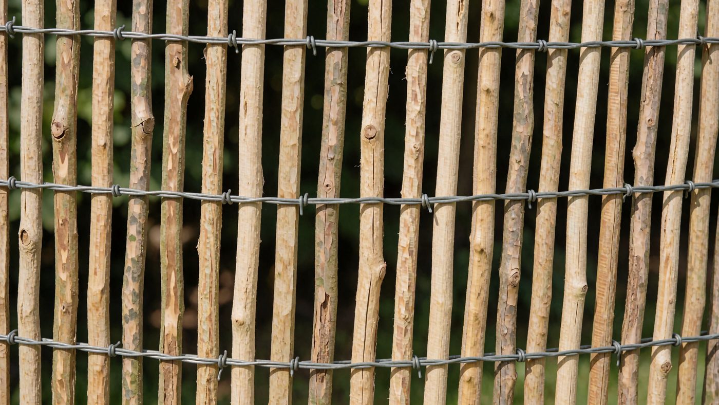 Close-up of cleft chestnut paling fencing, individual split wooden stakes wired together with gaps between them