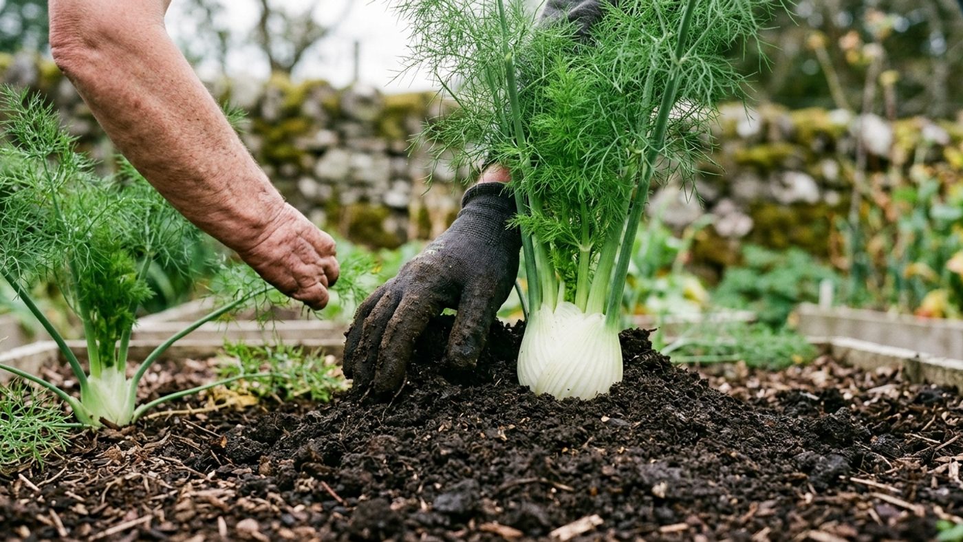 Soil mounded around the swollen base of a Florence fennel plant to blanch the bulb white