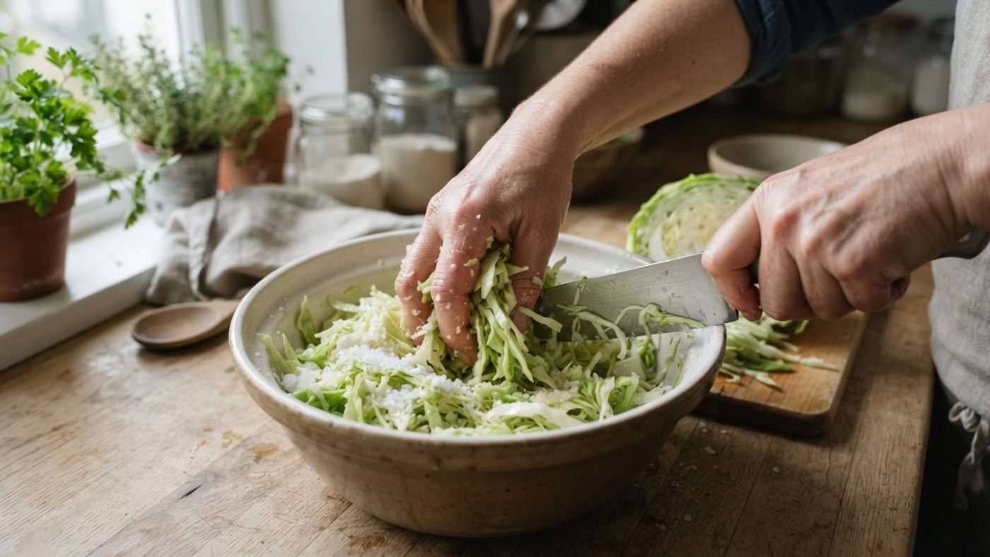 Hands shredding cabbage and massaging it with salt in a large bowl