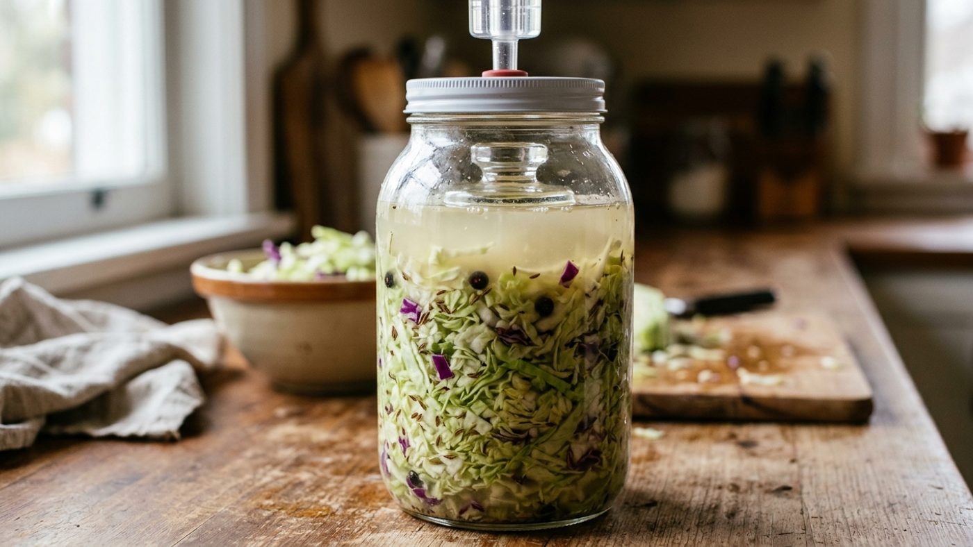 A glass jar of fermenting cabbage with a weight keeping it submerged under brine