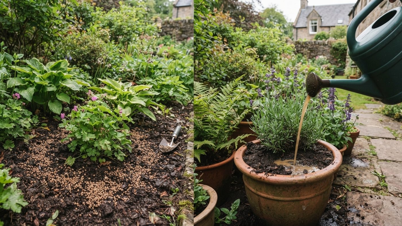 Granular fertiliser pellets scattered around a garden bed plant next to a watering can pouring liquid feed onto a container plant