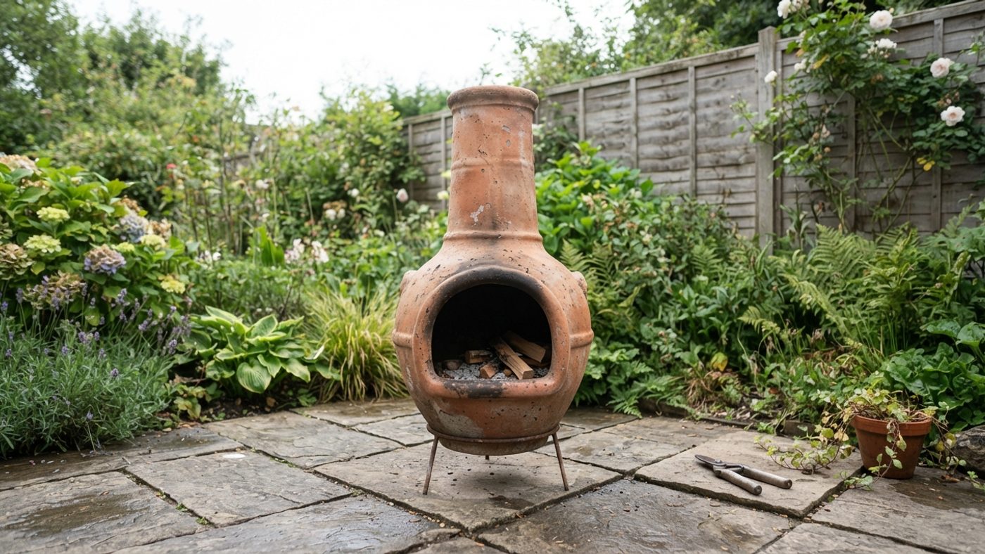A terracotta chimenea sited on a stable, non-combustible surface in a garden