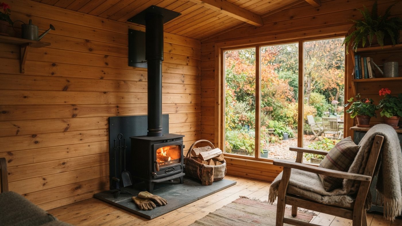 A wood-burning stove with a flue inside a garden room
