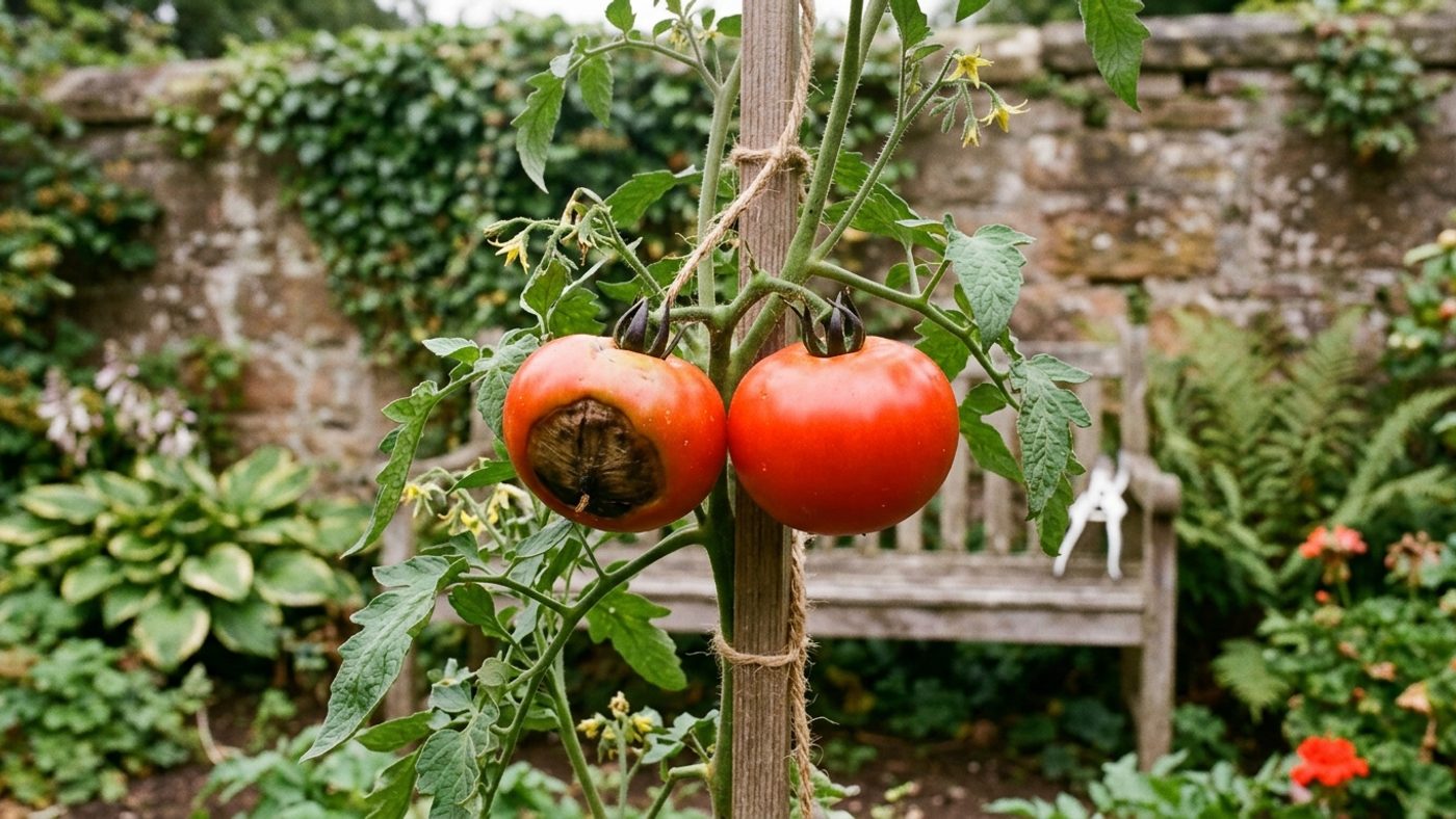 A tomato with a dark sunken patch of blossom end rot on its base next to a healthy unaffected tomato