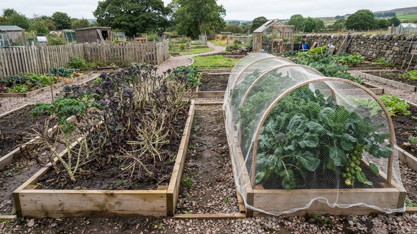 A brassica bed stripped bare by pigeons next to a netted brassica bed with healthy intact plants
