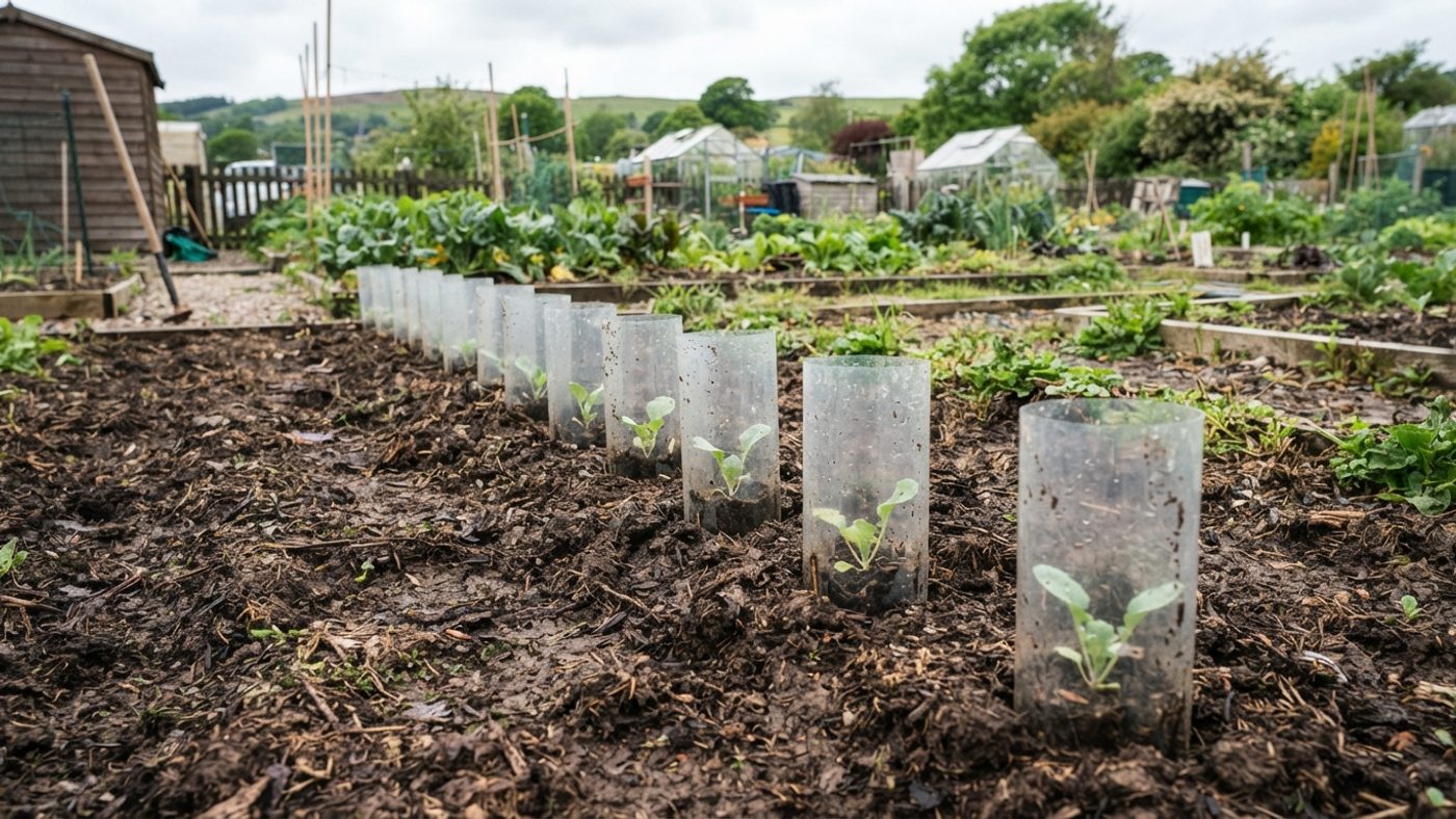 Young vegetable seedlings each protected by an individual plastic collar on freshly cleared bare soil