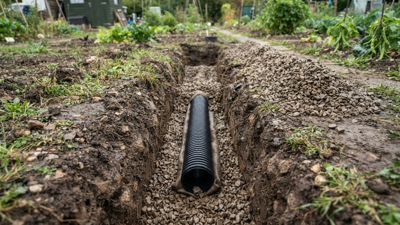 A French drain trench being dug on an allotment, gravel and a perforated pipe visible
