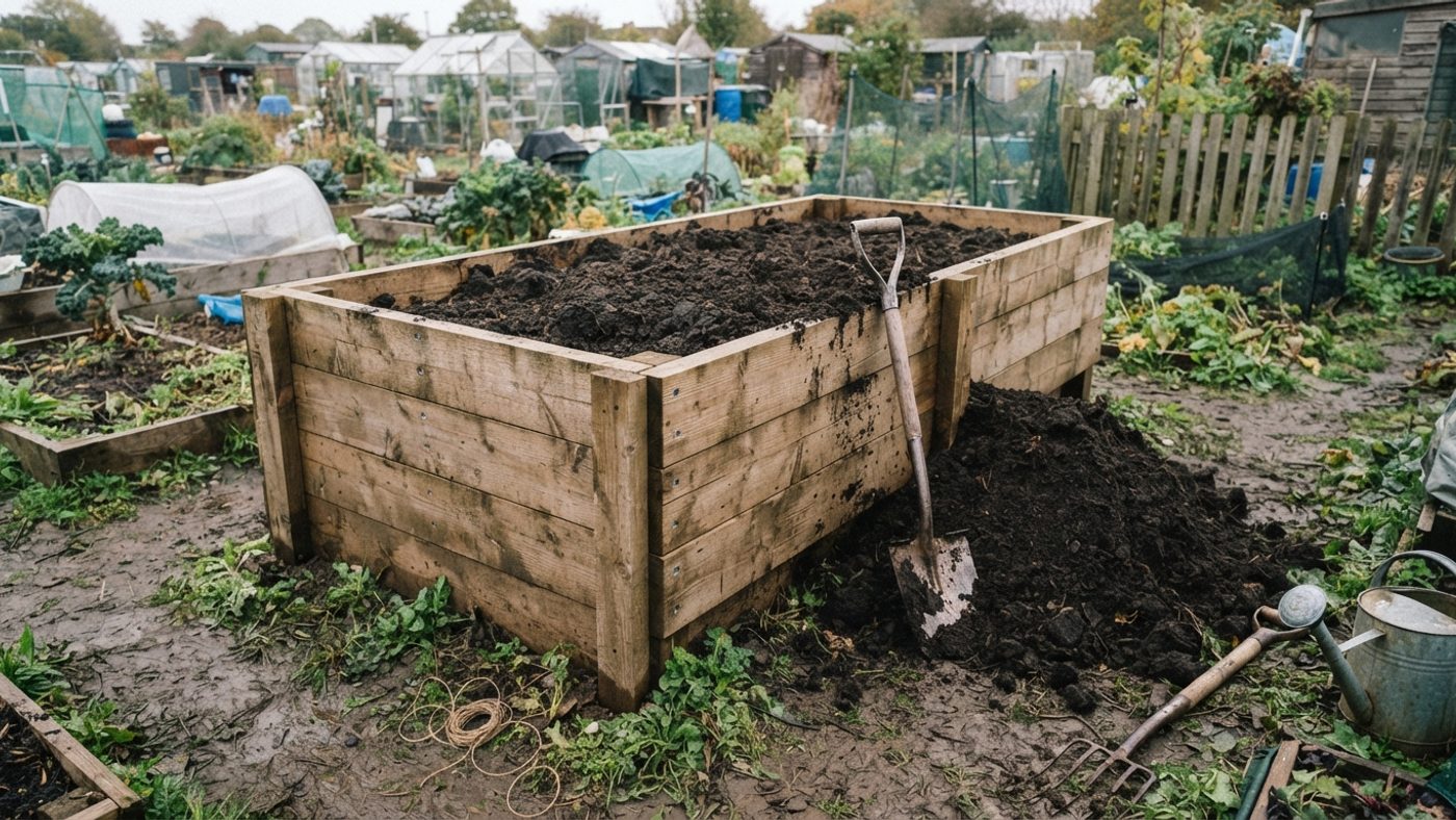 A tall timber raised bed being built on a wet allotment plot, filled with fresh soil