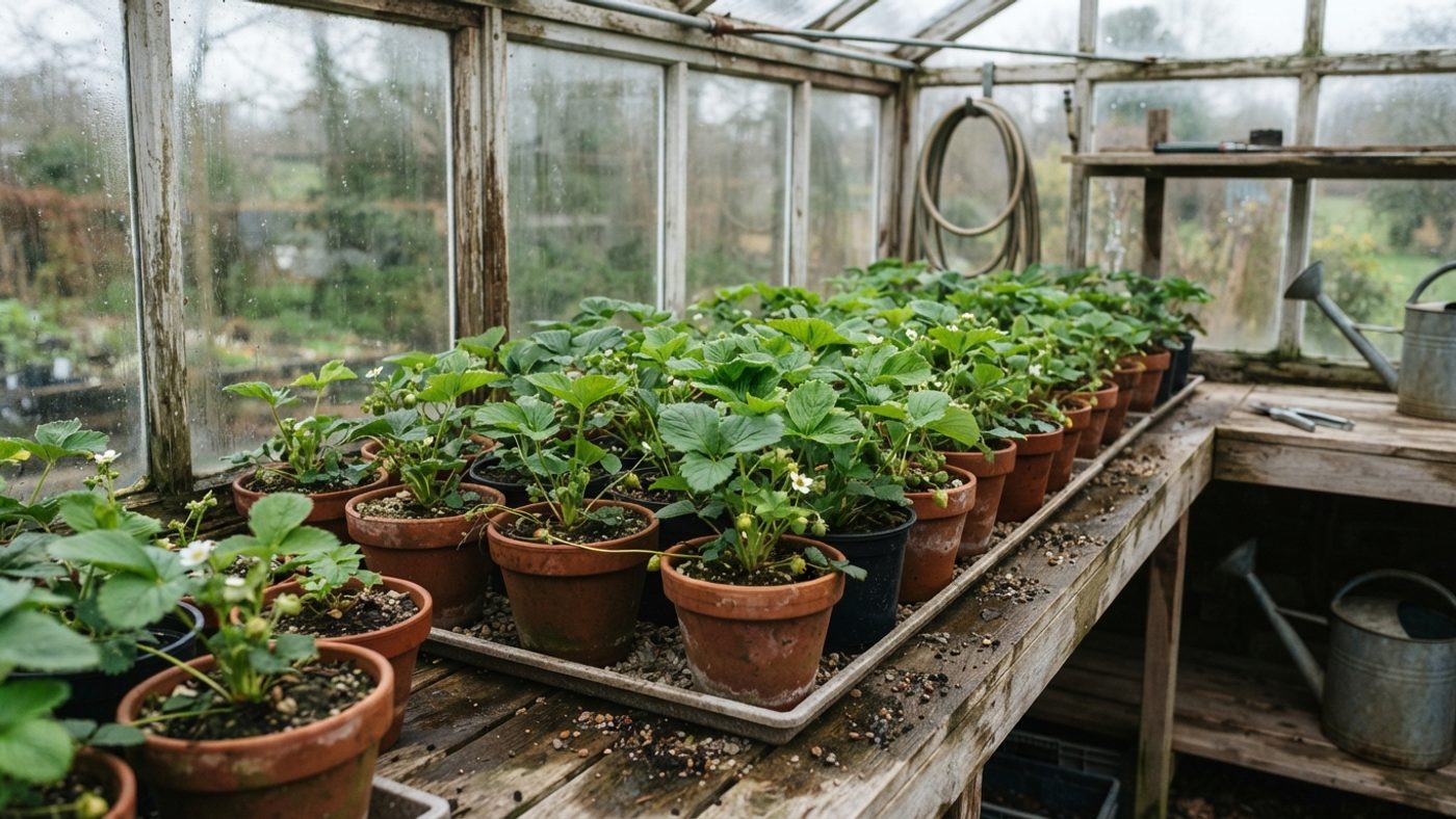Potted strawberry plants brought into an unheated greenhouse in late winter for an early crop