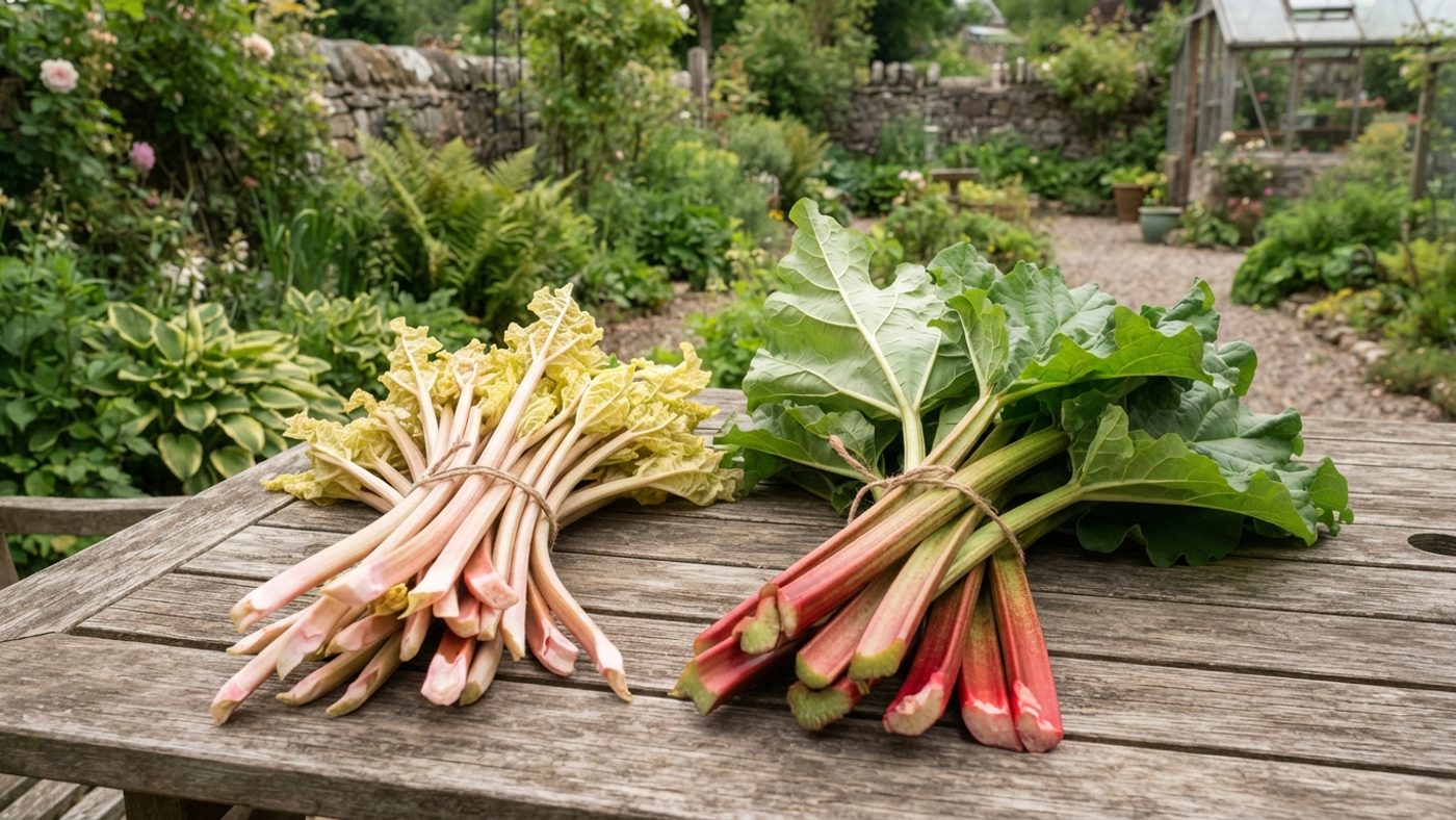 A bundle of pale pink forced rhubarb stems next to a bundle of thicker green-red maincrop rhubarb stems with large leaves