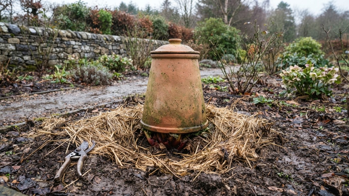 A tall terracotta forcing pot placed over a rhubarb crown in a garden bed in winter