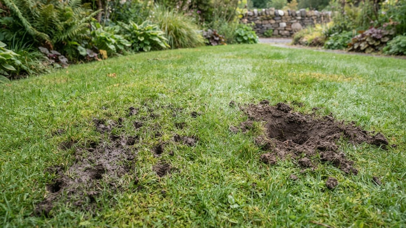 A cluster of small cone-shaped snuffle holes in a lawn next to a single scattered dug hole with soil thrown up