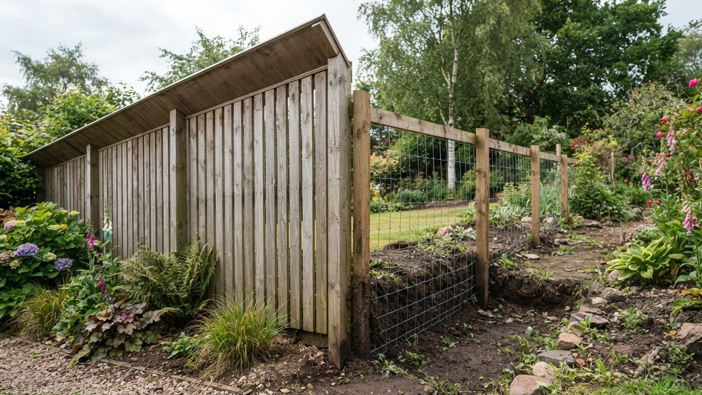 A tall overhanging garden fence next to a low fence with its wire mesh base buried deep into the ground