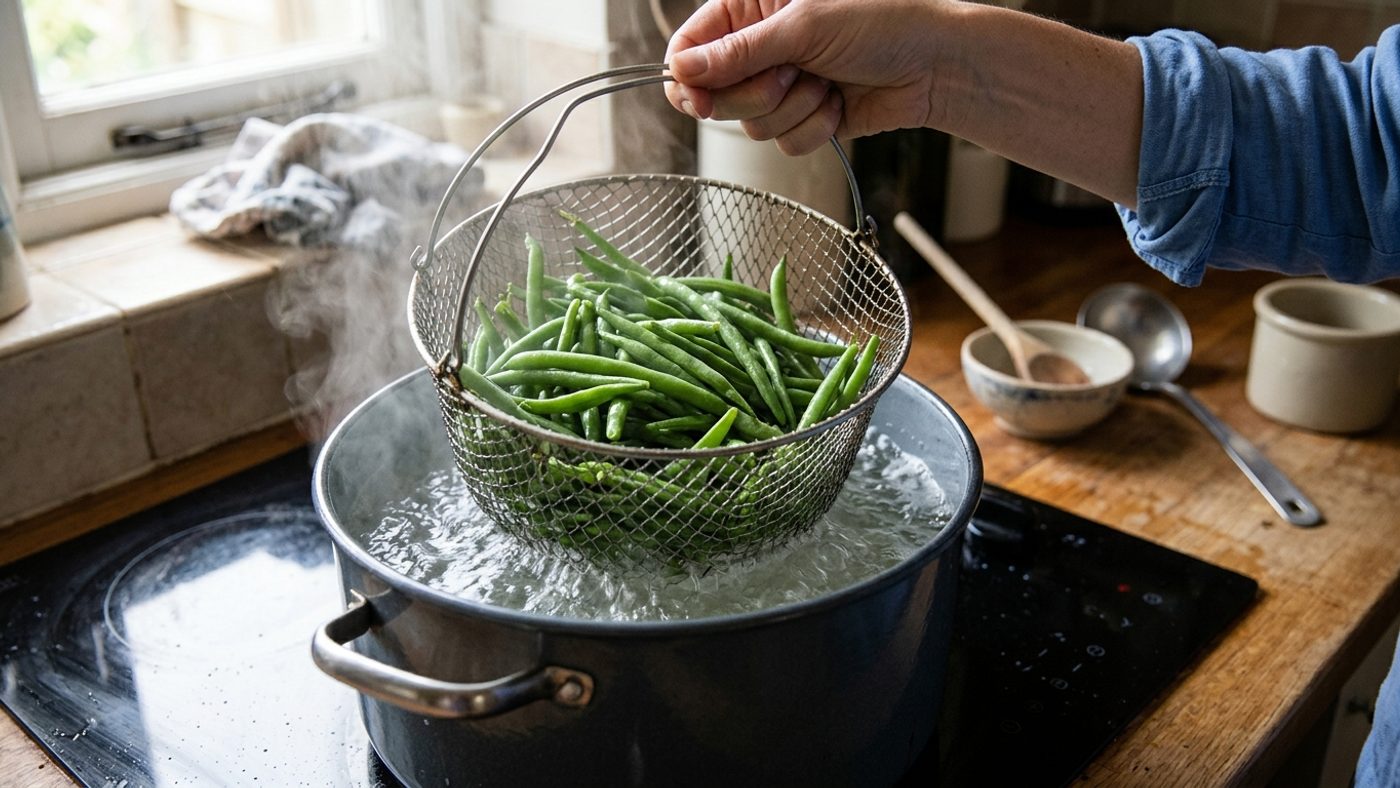 Green vegetables being lowered into a pot of rolling boiling water for blanching