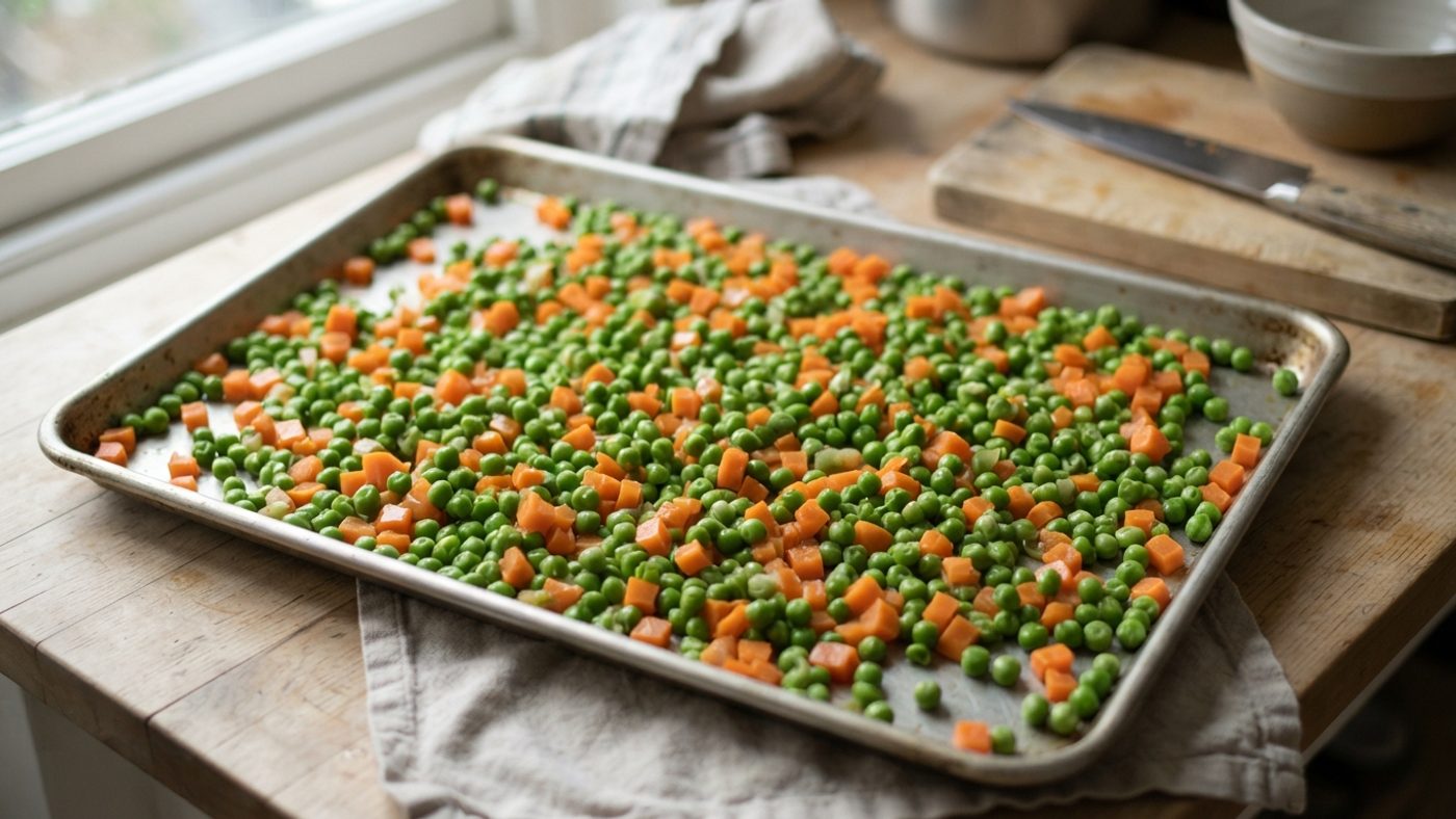 Blanched vegetable pieces spread out on a tray for open freezing