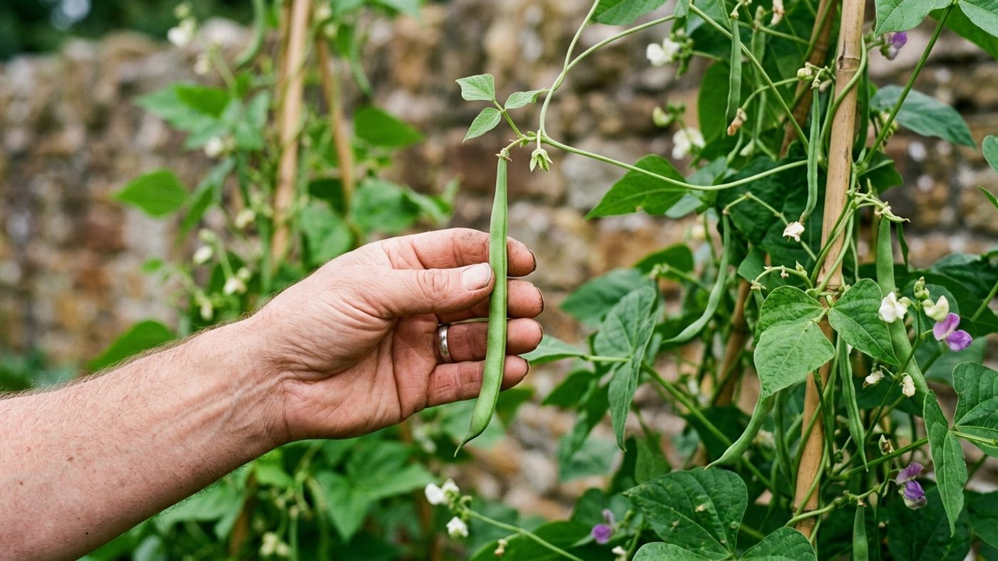 A hand holding a French bean pod about 15 to 20cm long, ready to pick