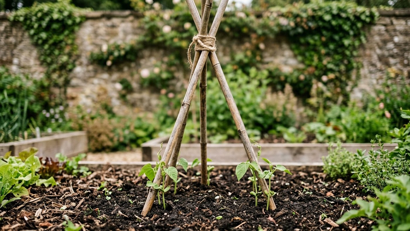 A wigwam of bamboo canes tied together at the top, with young climbing bean plants at the base of each cane