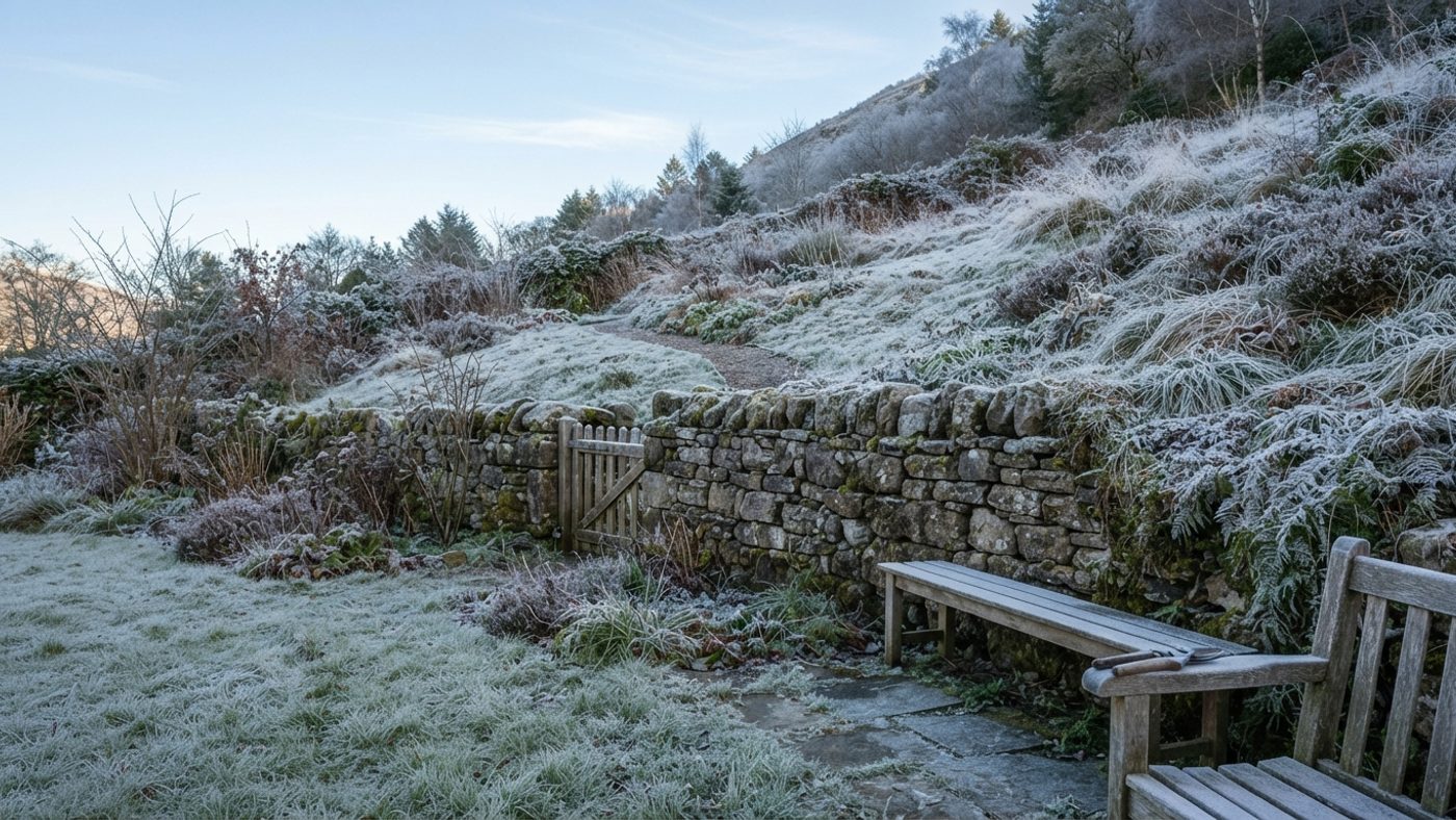 Thick frost coating the ground on the uphill side of a solid garden wall at the base of a slope