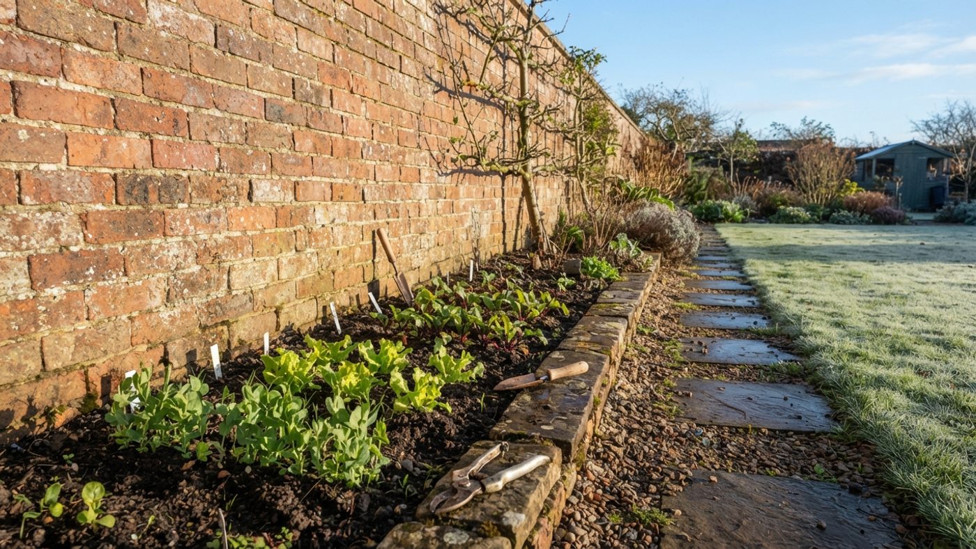 Tender young plants growing frost-free against a sunny south-facing wall while frost still covers the open garden nearby