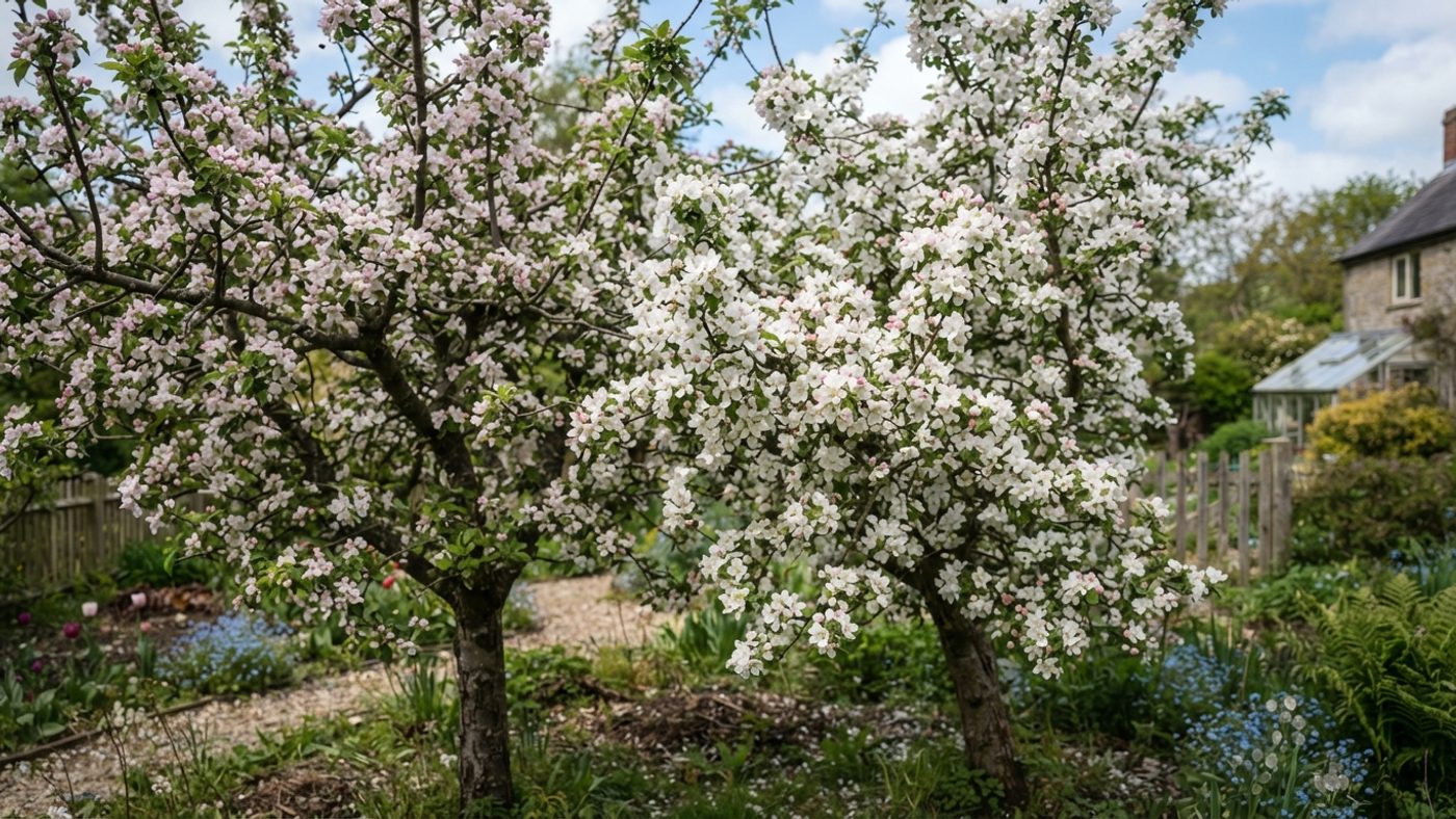 Two different apple trees blossoming close together at the same time, positioned for cross-pollination
