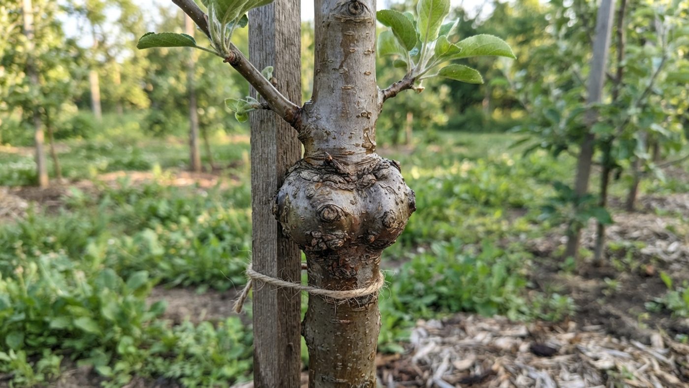 A close-up of a healed graft union on a young fruit tree trunk