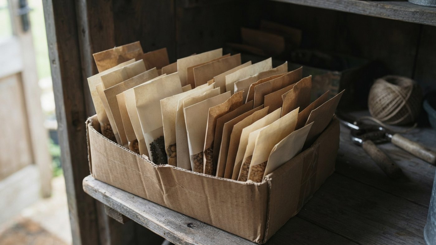 Seed packets stored in a labelled box kept in a cool, dark cupboard