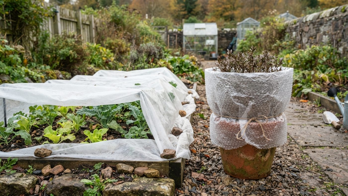 A garden bed covered with draped fleece next to a terracotta pot wrapped in bubble wrap for insulation