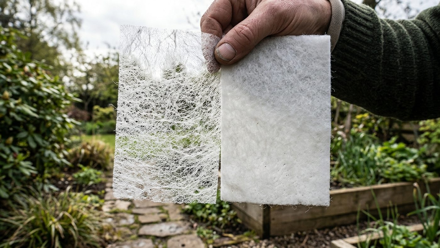 A thin, light garden fleece next to a denser, heavier garden fleece, showing the difference in weave density