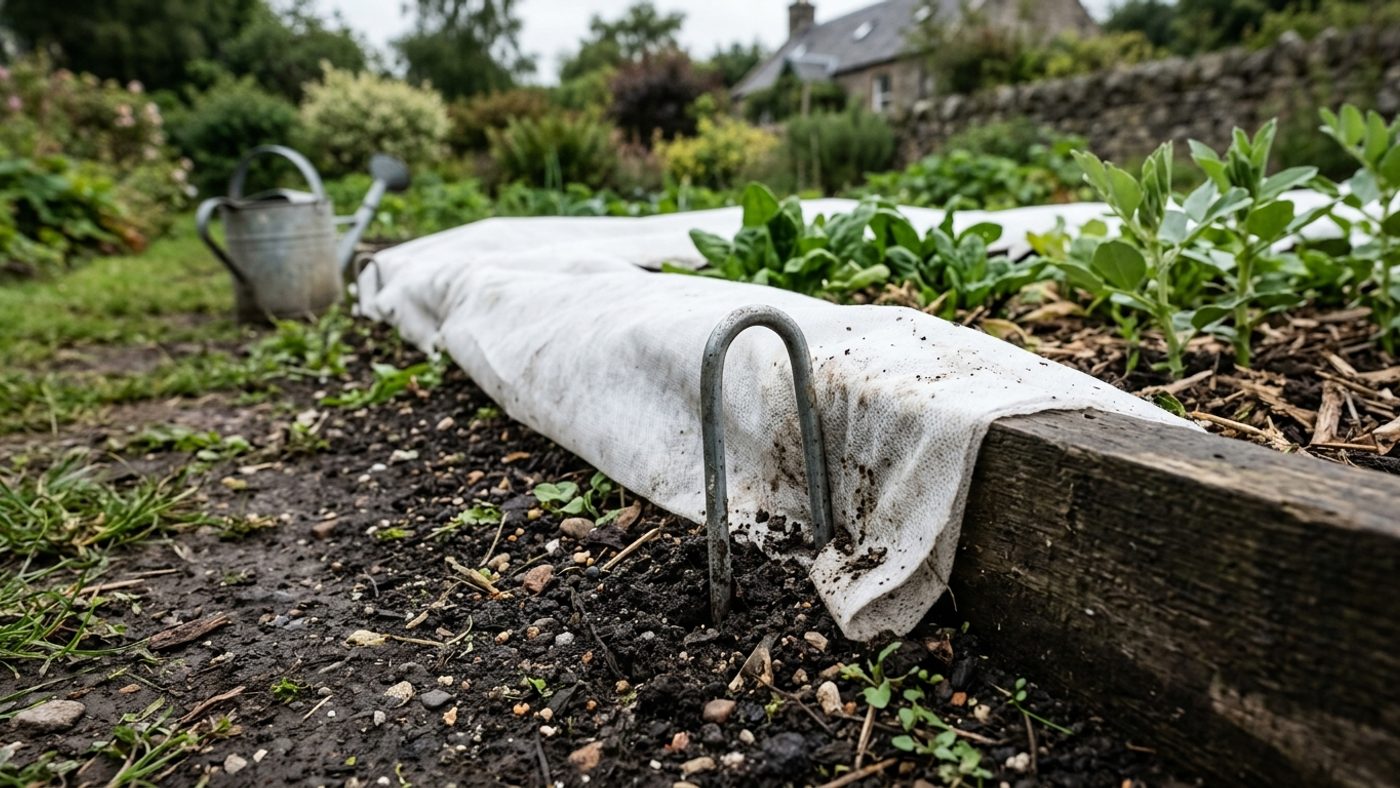 The edge of a fleece sheet pegged down into the soil with an earth staple along a garden bed