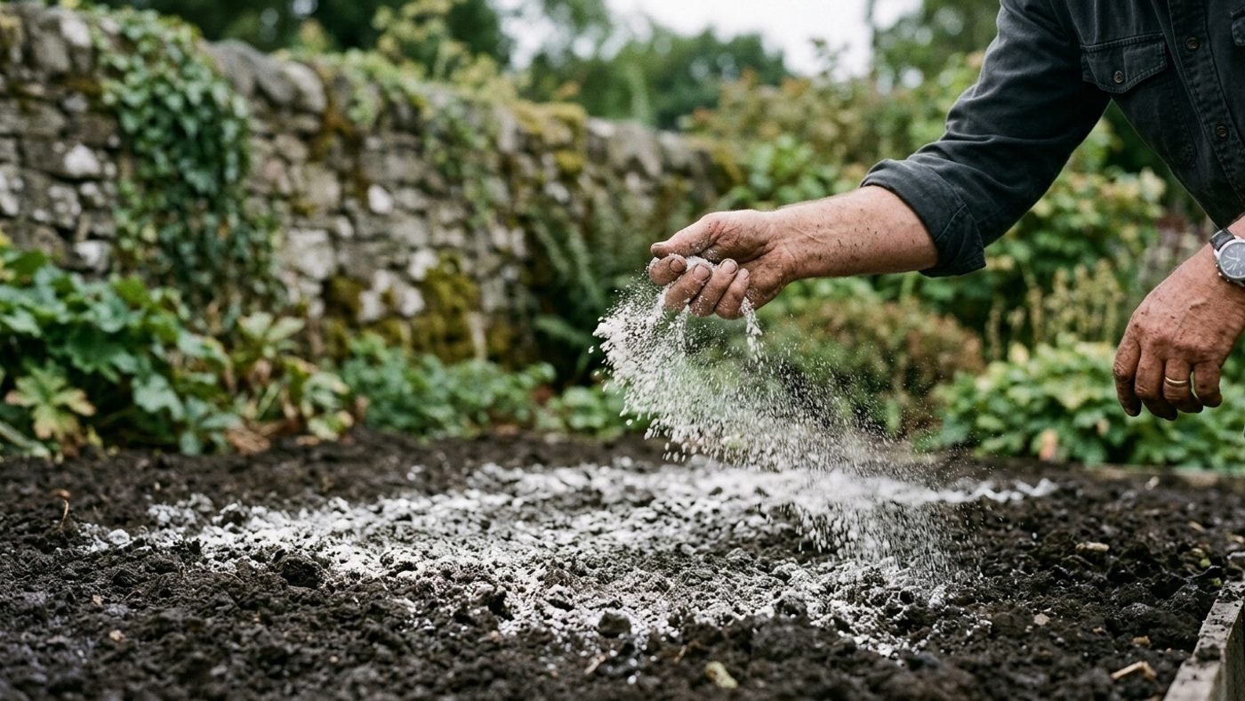 A hand broadcasting fine white lime powder evenly across the dark surface of a freshly dug vegetable bed