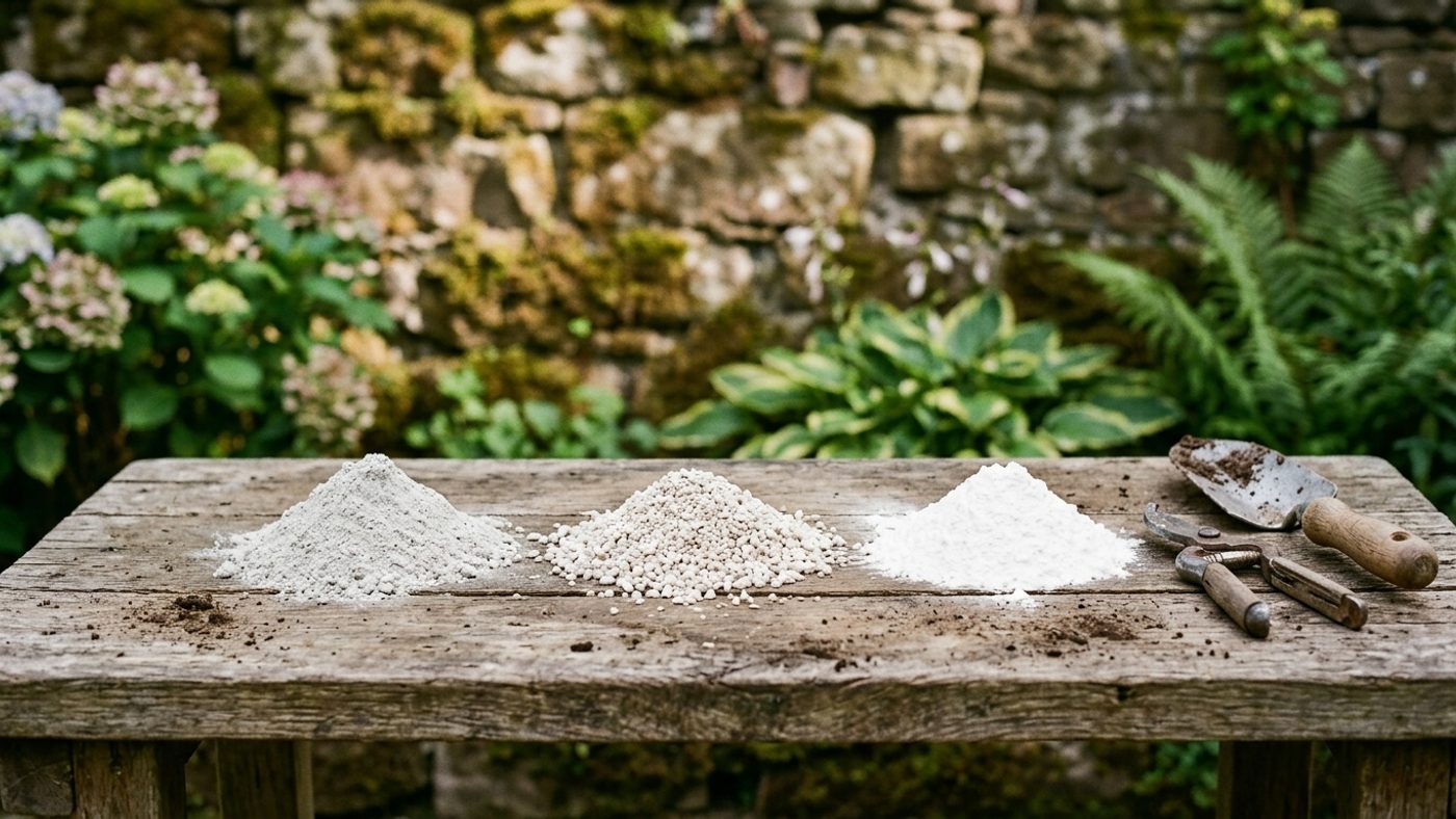 Three small piles of different garden lime products side by side, a fine grey-white powder, a coarser off-white granular material, and a very fine bright white powder