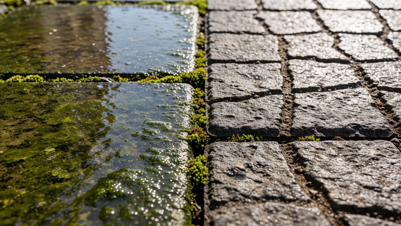 Two adjoining paving slabs, one smooth and covered in green algae, the other rough riven texture and clean