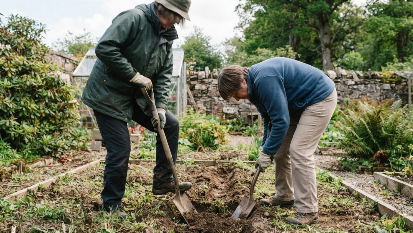 A person digging with good posture, minimal back bend and bent knees, next to a person digging with bad posture, bent forward from the waist with straight legs