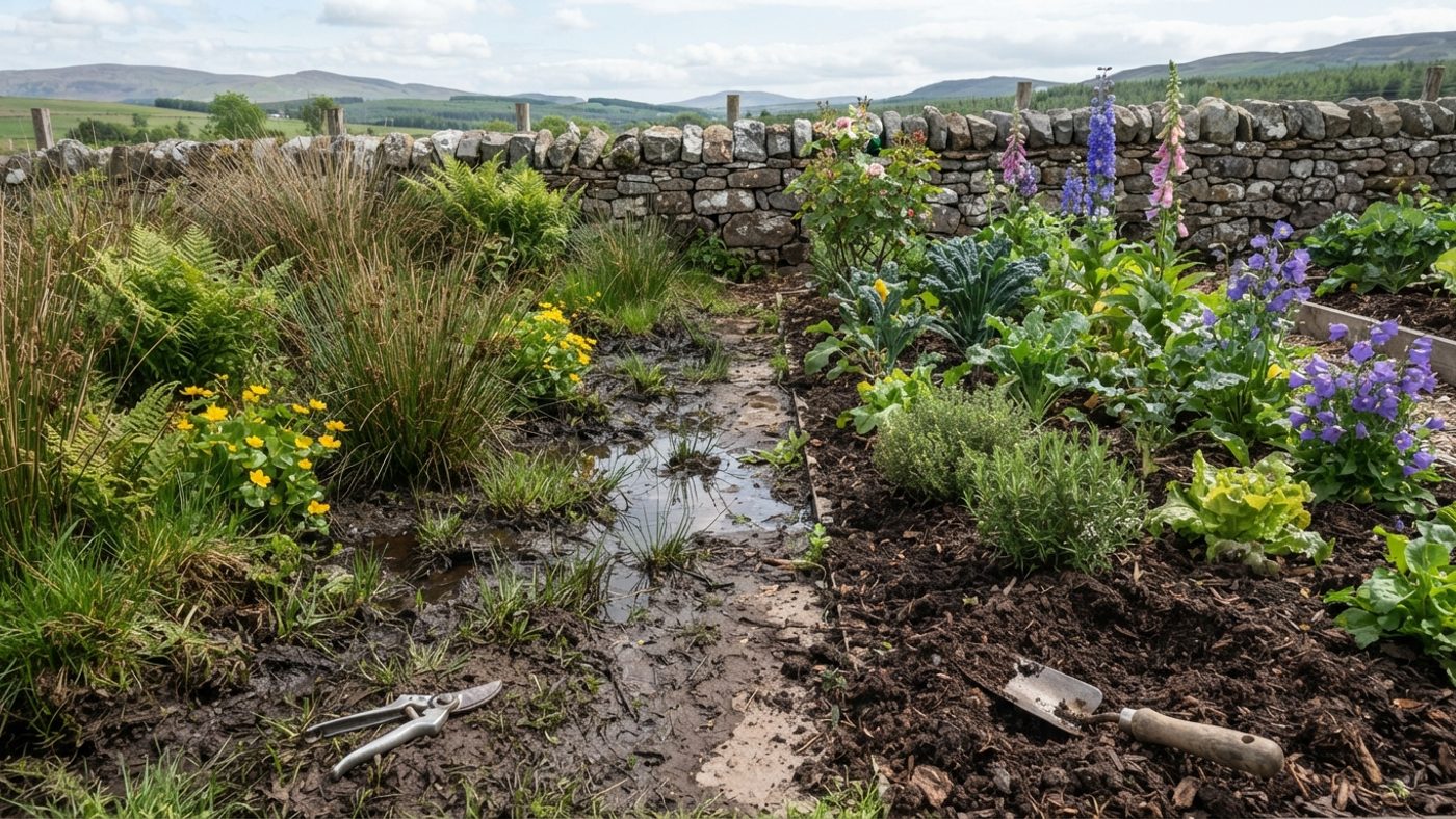 A boggy, rush-covered undrained corner of a garden next to a well-drained, tidy corner with healthy plants