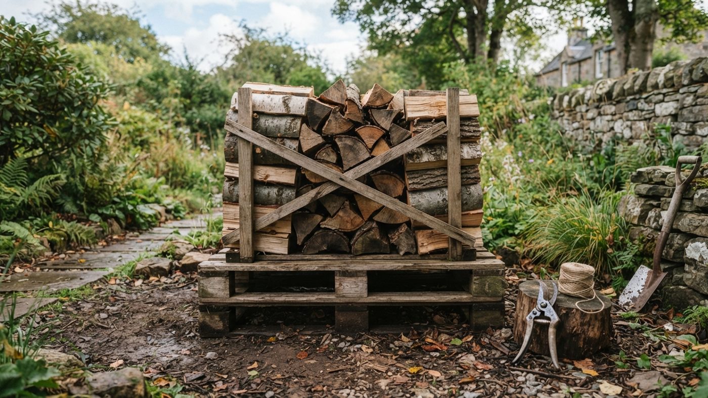 A stack of logs raised off the ground on a wooden pallet so air and light can reach underneath