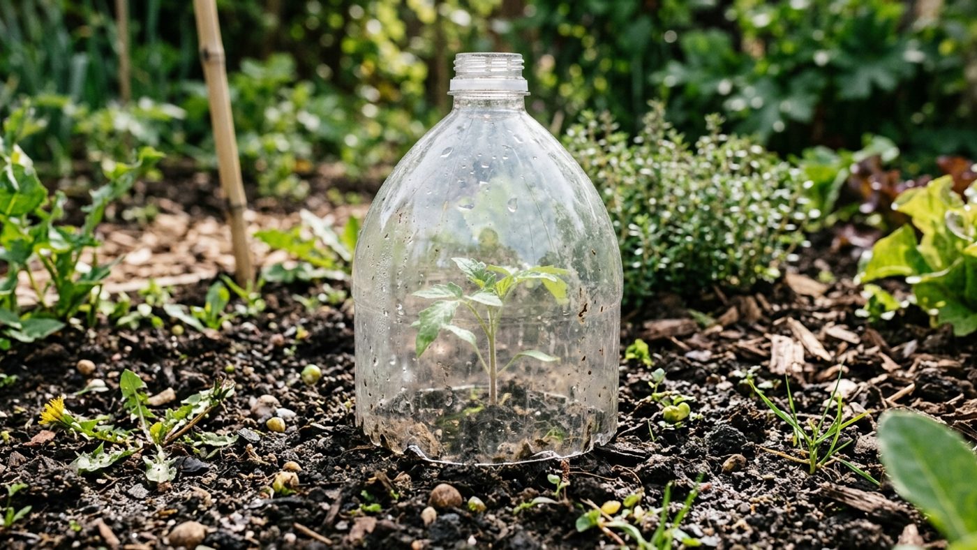 A homemade cloche made from a cut plastic bottle protecting a young seedling