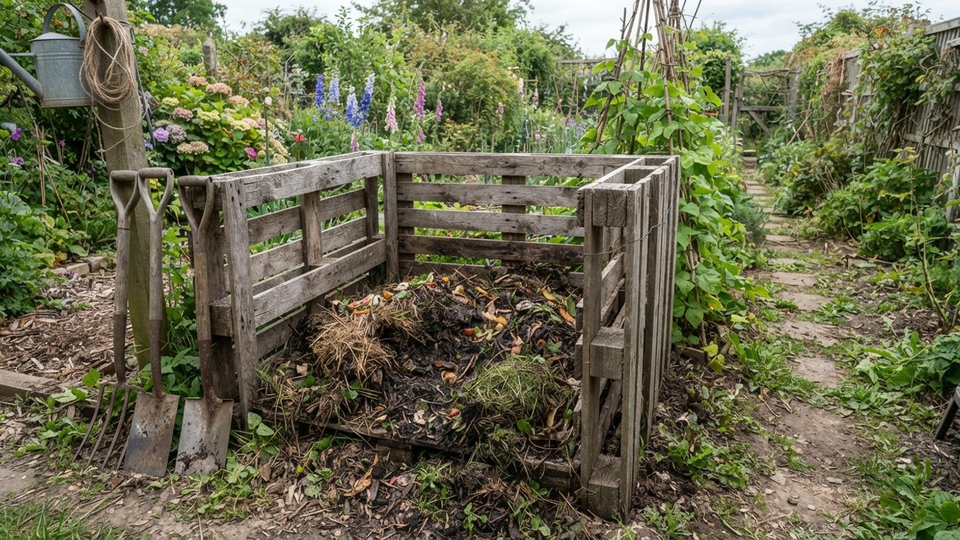 A compost bin built from reclaimed wooden pallets
