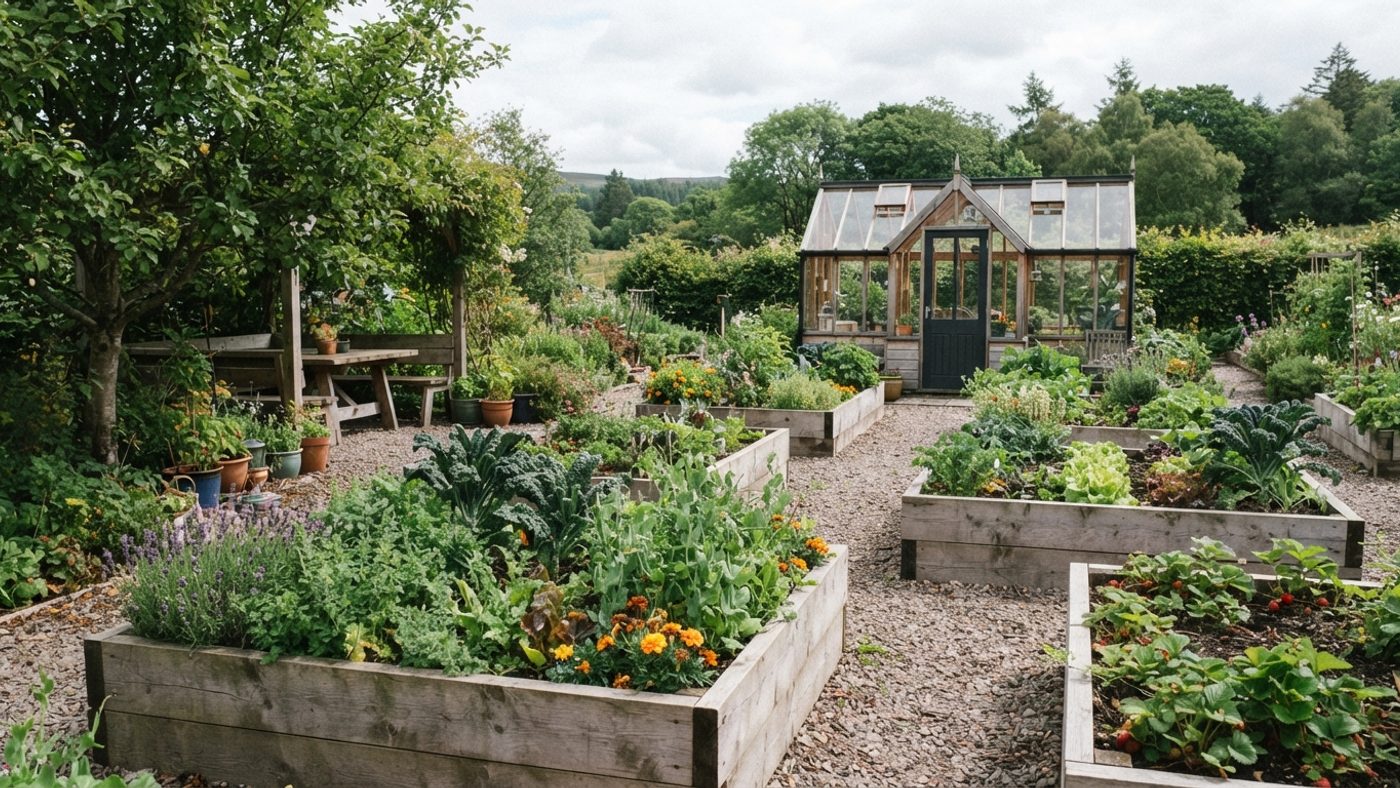 A small community garden with several raised beds, a greenhouse and a communal seating area in a peaceful Scottish setting